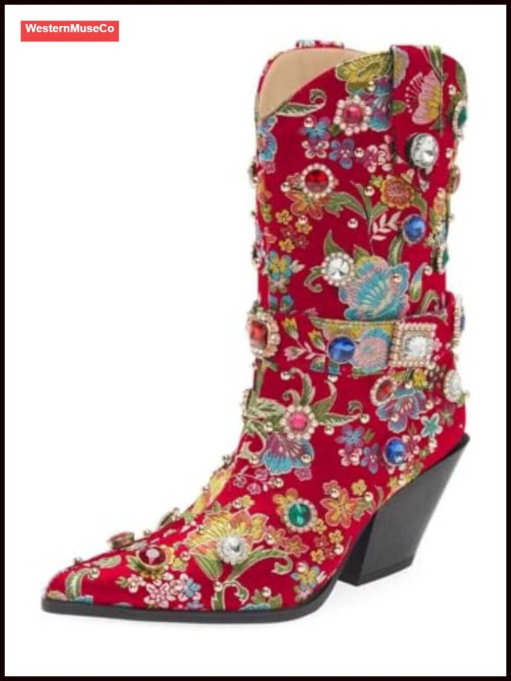 Flower Embroidered Rhinestone Mid Calf Western Cowboy Boots Pointed Toe Chunky